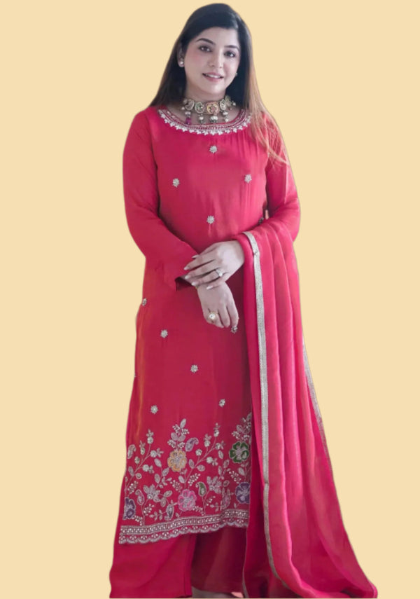 Exquisite Pink Embroidered Attire with Dupatta