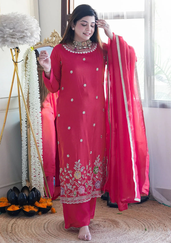 Exquisite Pink Embroidered Attire with Dupatta